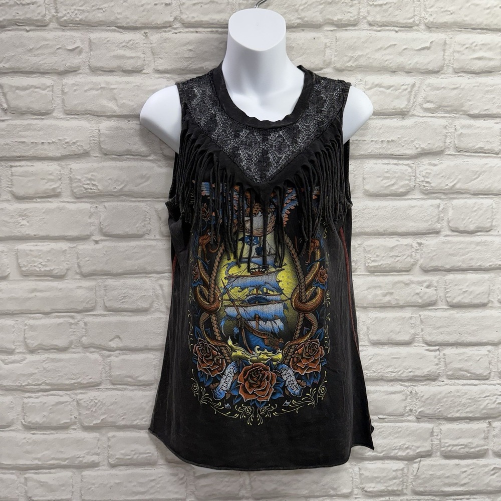 Affliction Y2K Woman Black Fringe Sleeveless Top Streetwear Dead Mans Chest Sz L